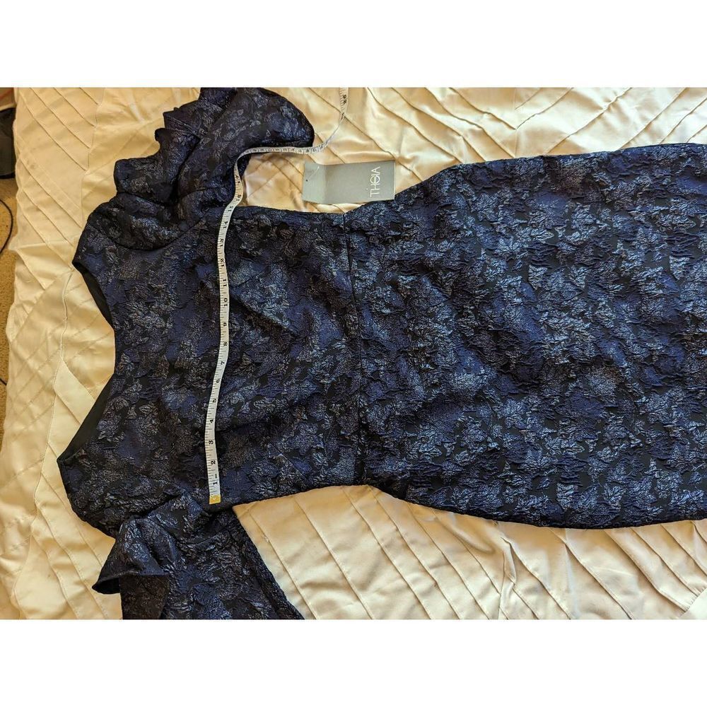 Theia ruffle sleeve cloque dress blue and gold knee length cocktail dress nwt sz - Picture 6 of 7